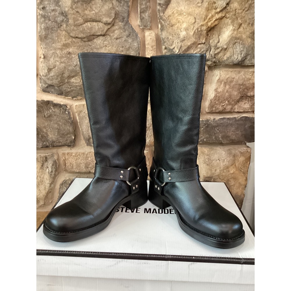 Steve Madden Astor Womens Size 8 Black Leather Boots Buckle Harness Mid Calf New - Picture 3 of 7
